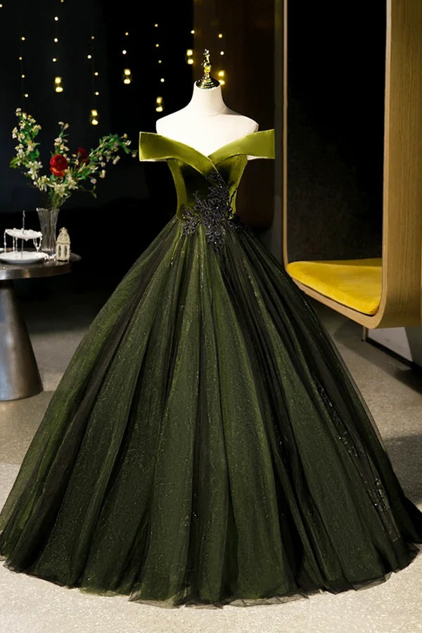 Green Velvet and Tulle Floor Length Prom Dress Off the Shoulder Evening Party Dress