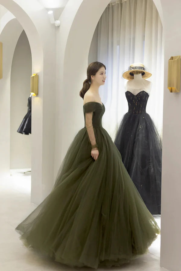 Green Tulle Floor Length Prom Dress A-Line Long Sleeve Evening Party Dress