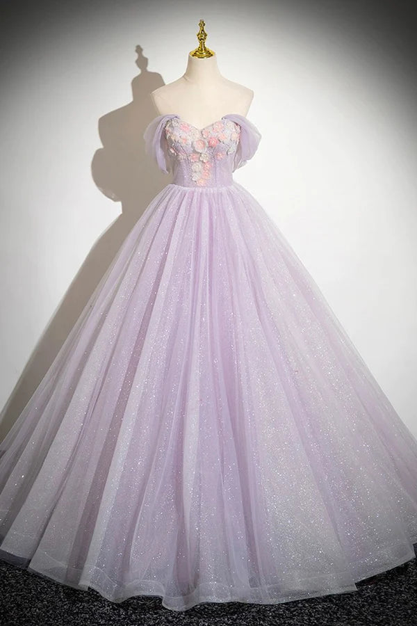 Lilac Strapless Tulle Long Prom Dresses with Flowers Lilac Off the Shoulder Formal Evening Dresses