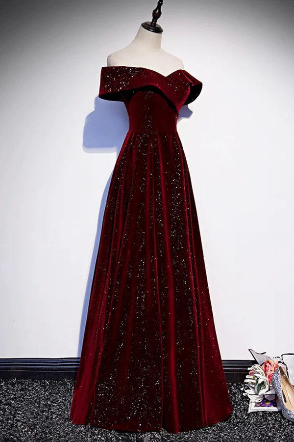 Burgundy Velvet Long Prom Dress Off the Shoulder Evening Party Dress