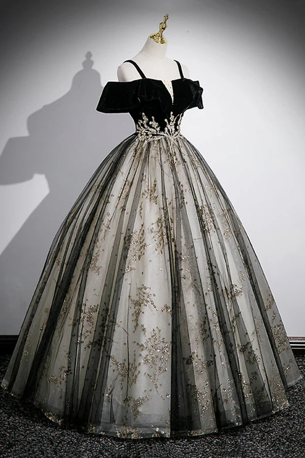Black Velvet and Sequins Long Prom Dress Black Off the Shoulder A-Line Evening Dress
