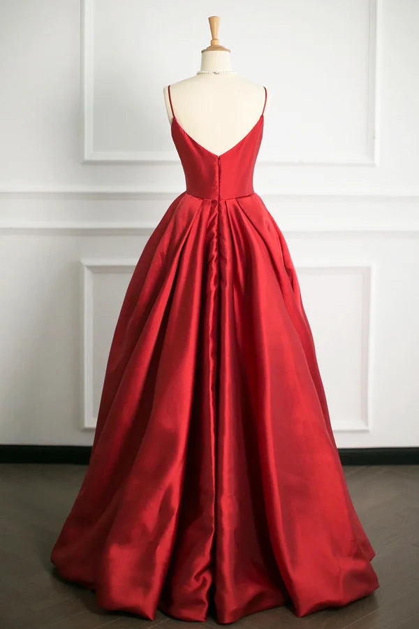 Red V-Neck Satin Long A-Line Prom Dress Simple A-Line Backless Evening Party Dress