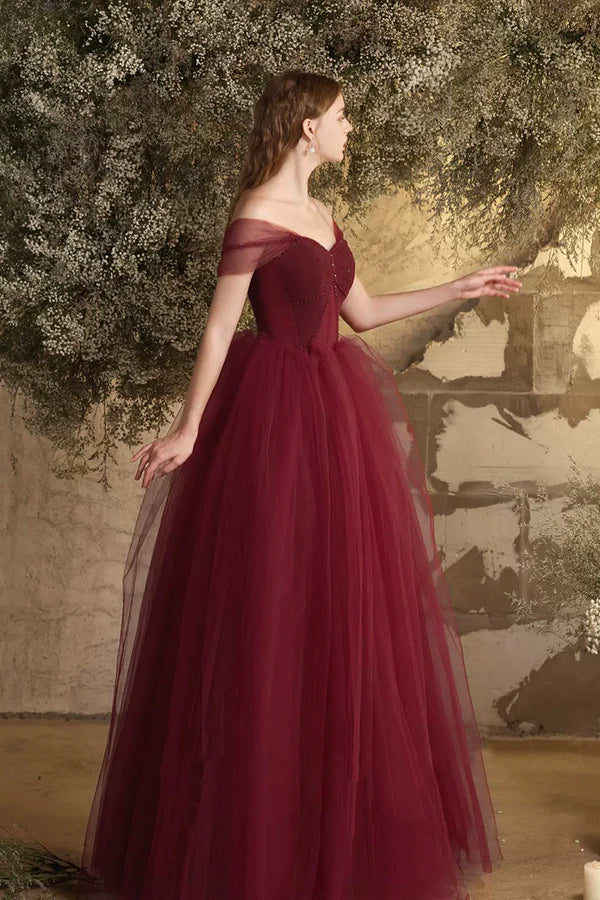 Burgundy Tulle Floor Length Prom Dress Beautiful Off the Shoulder Evening Party Dress