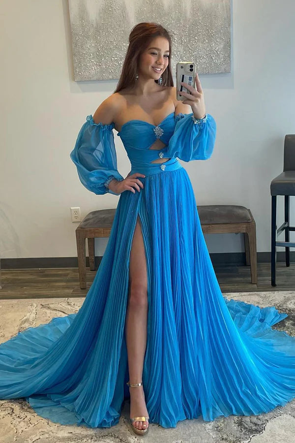 Blue Chiffon A-Line Off the Shoulder Formal Dress Blue Puffy Sleeve Evening Dress with Split