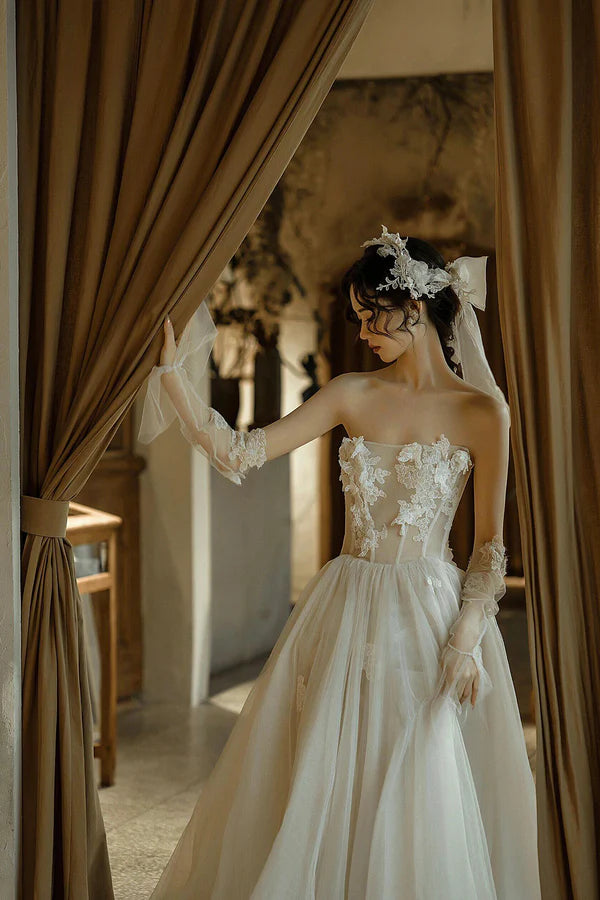 Light Champagne Tulle Lace Long Prom Dress A-Line Strapless Evening Party Dress