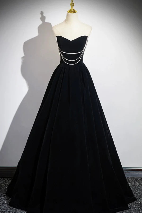 Black Velvet Long A-Line Prom Dress Off the Shoulder Evening Party Dress
