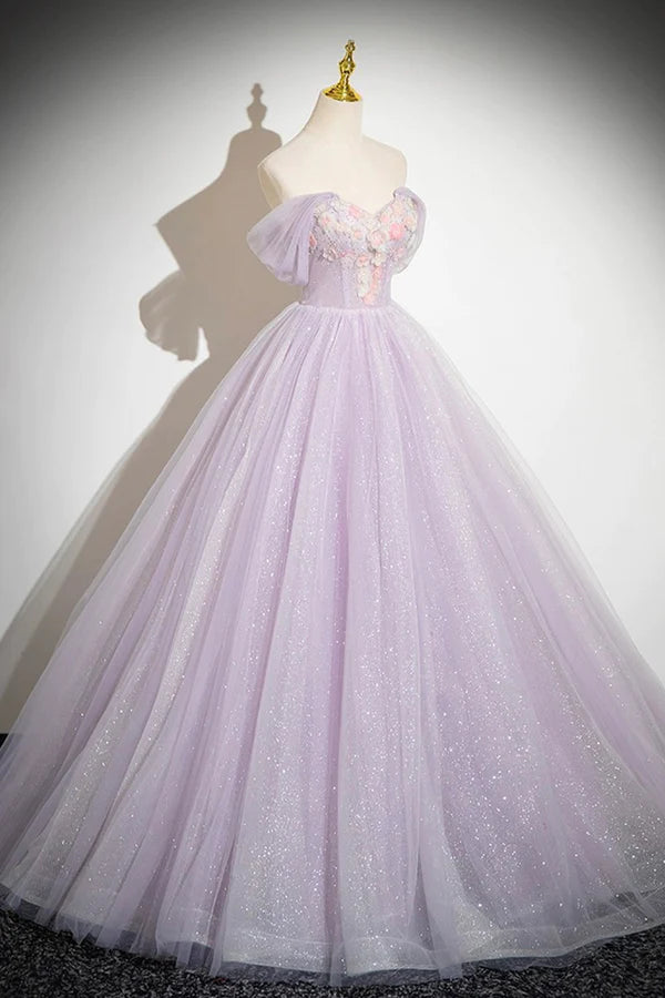 Lilac Strapless Tulle Long Prom Dresses with Flowers Lilac Off the Shoulder Formal Evening Dresses