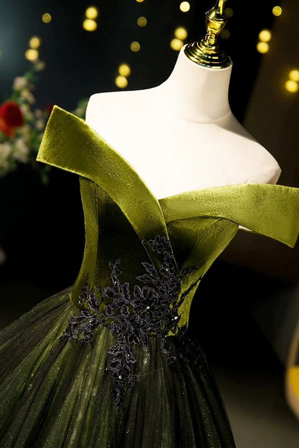 Green Velvet and Tulle Floor Length Prom Dress Off the Shoulder Evening Party Dress