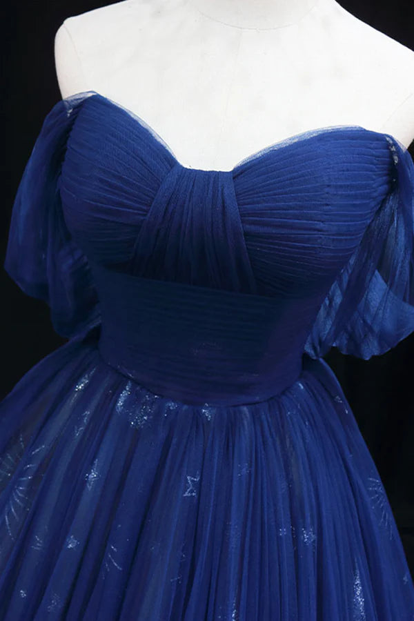 Beautiful Navy Blue Tulle Long Prom Dress Off the Shoulder A-Line Backless Formal Dress
