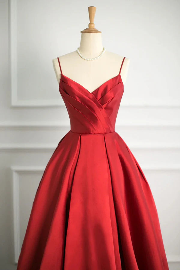 Red V-Neck Satin Long A-Line Prom Dress Simple A-Line Backless Evening Party Dress