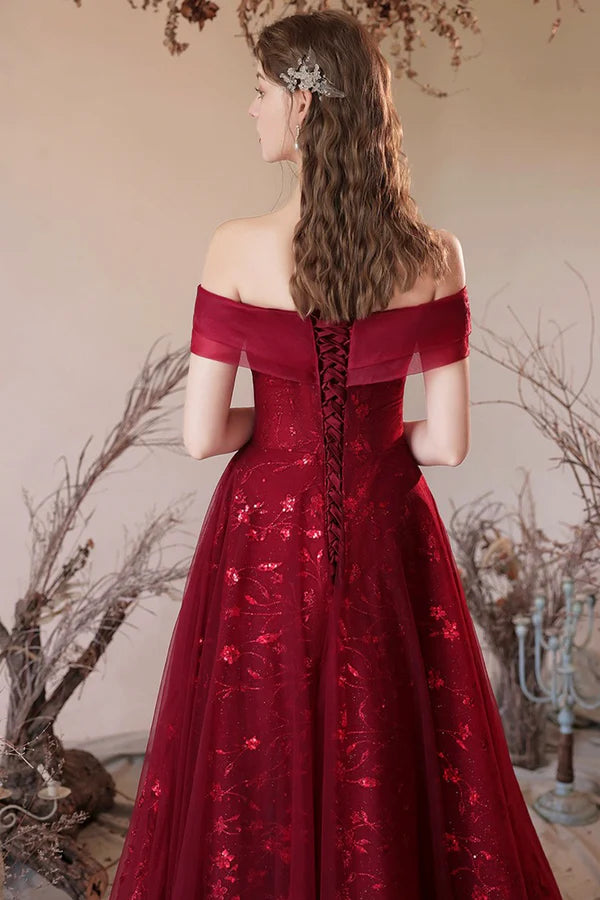 Burgundy Tulle Sequins Long A-Line Prom Dress Off the Shoulder Evening Party Dress