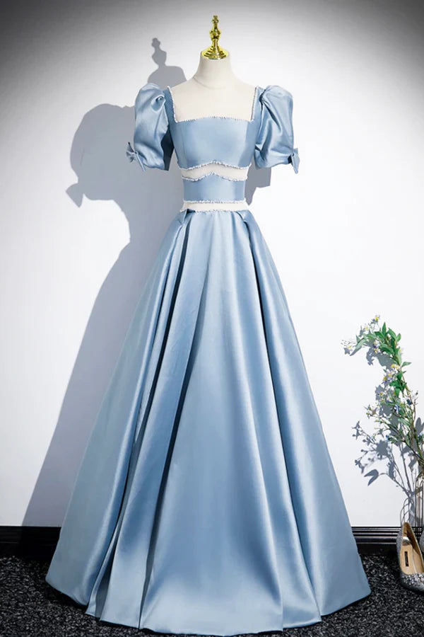 Unique Blue Satin Long Prom Dress A-Line Short Sleeve Blue Evening Dress