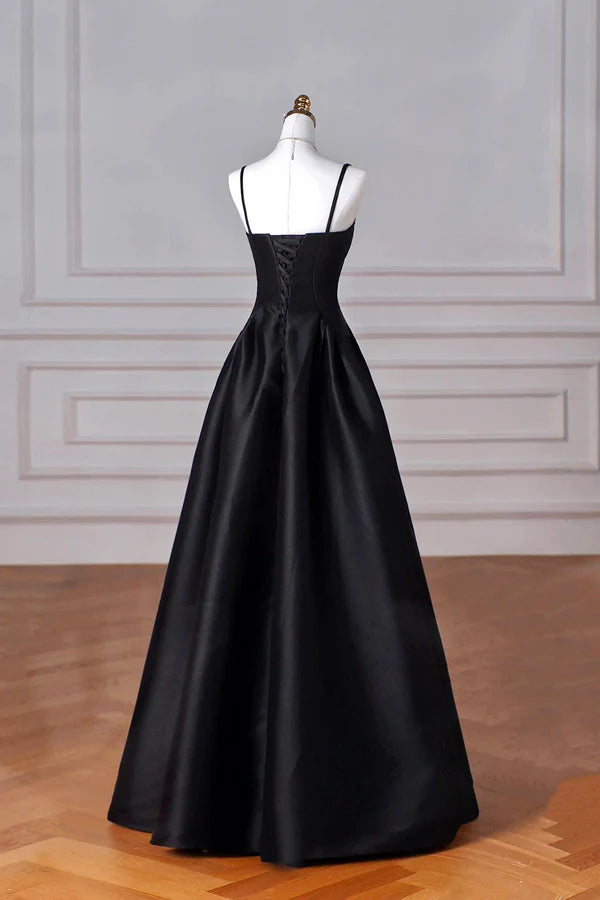 Black Spaghetti Strap Satin Long Prom Dress A-Line Backless Evening Party Dress