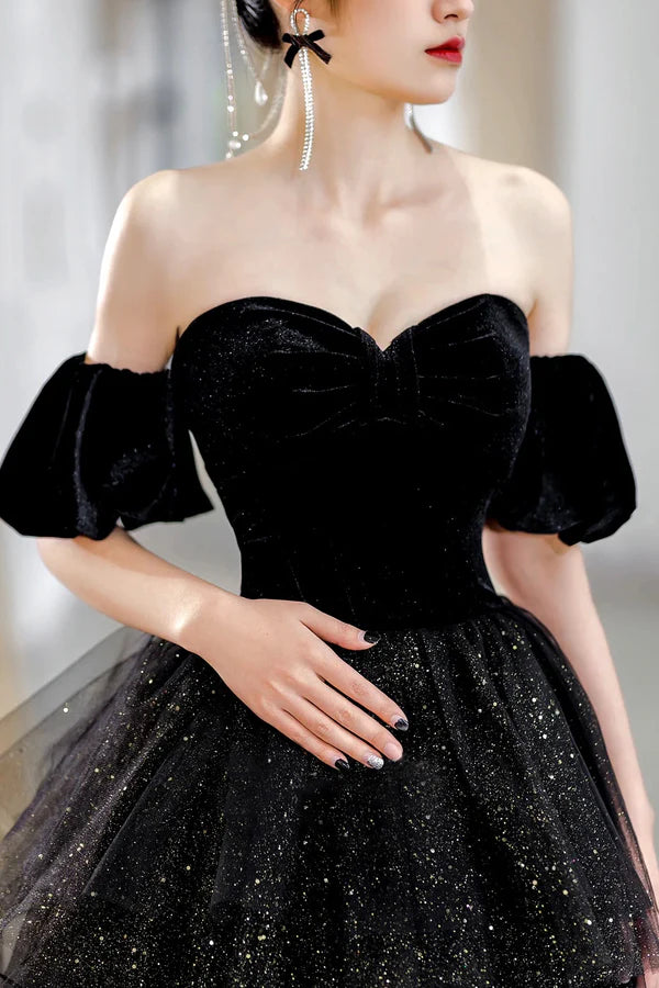 Black Velvet and Tulle Long Formal Dress Black A-Line Sweetheart Neck Evening Party Dress