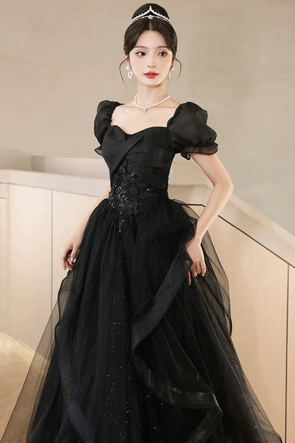 Black Tulle Lace Short Sleeve Floor Length Prom Dress Black A-Line Evening Party Dress
