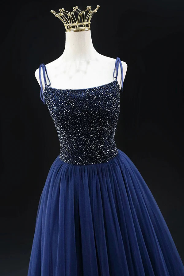 Navy Blue Tulle Beads Long A-Line Prom Dress Elegant Spaghetti Strap Backless Evening Dress
