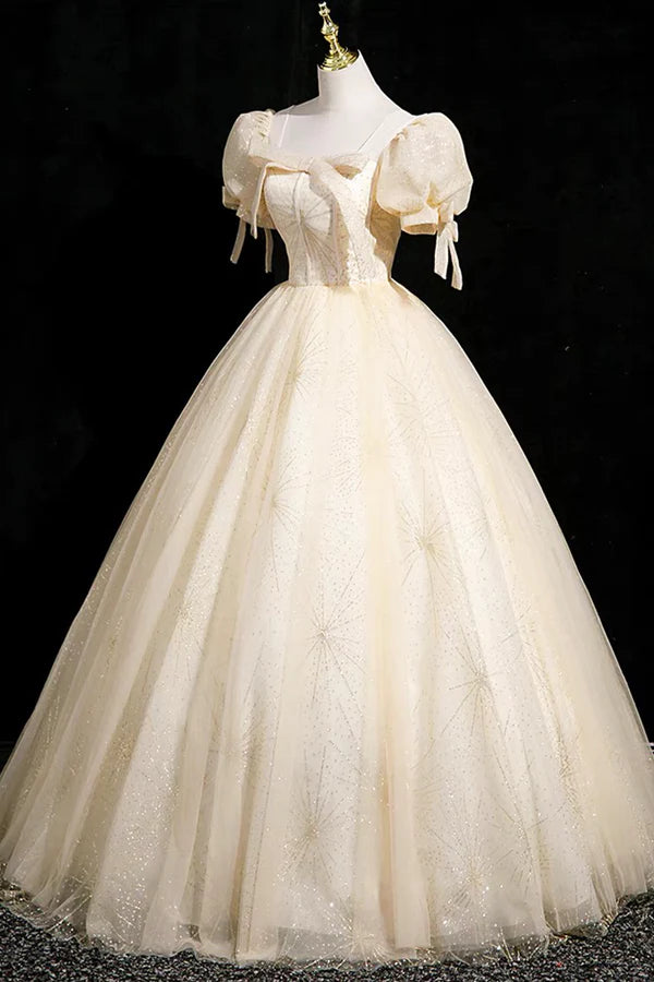 Champagne Tulle Short Sleeve Floor Length Prom Dress Beautiful A-Line Evening Party Dress