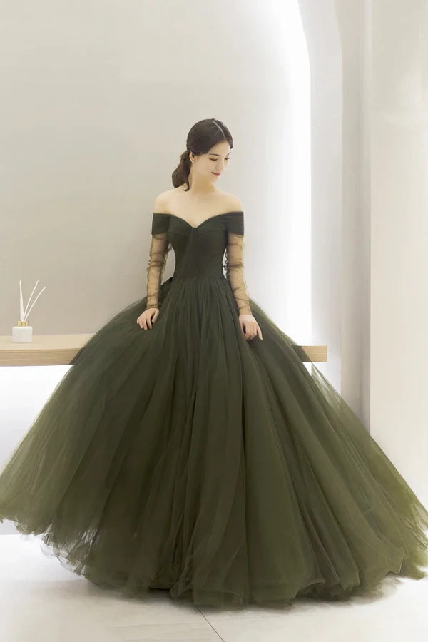 Green Tulle Floor Length Prom Dress A-Line Long Sleeve Evening Party Dress
