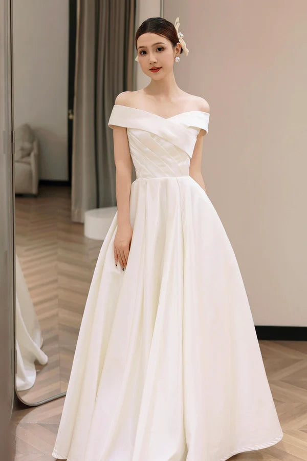 White Satin Off the Shoulder Prom Dress A-Line Floor Length Evening Party Dress