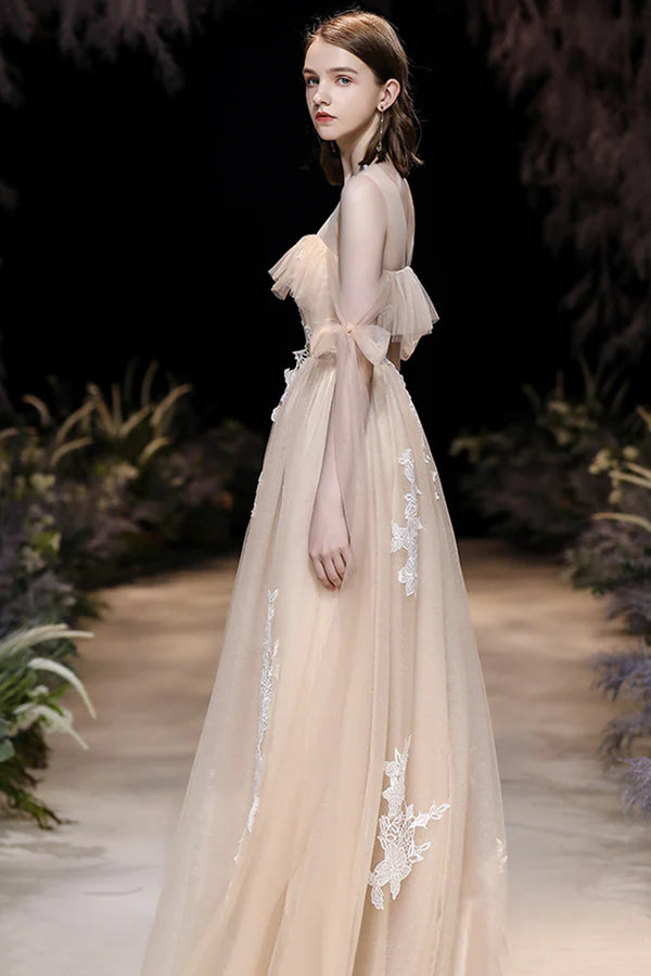 Champagne Tulle Lace Long Prom Dress Cute A-Line Evening Dress