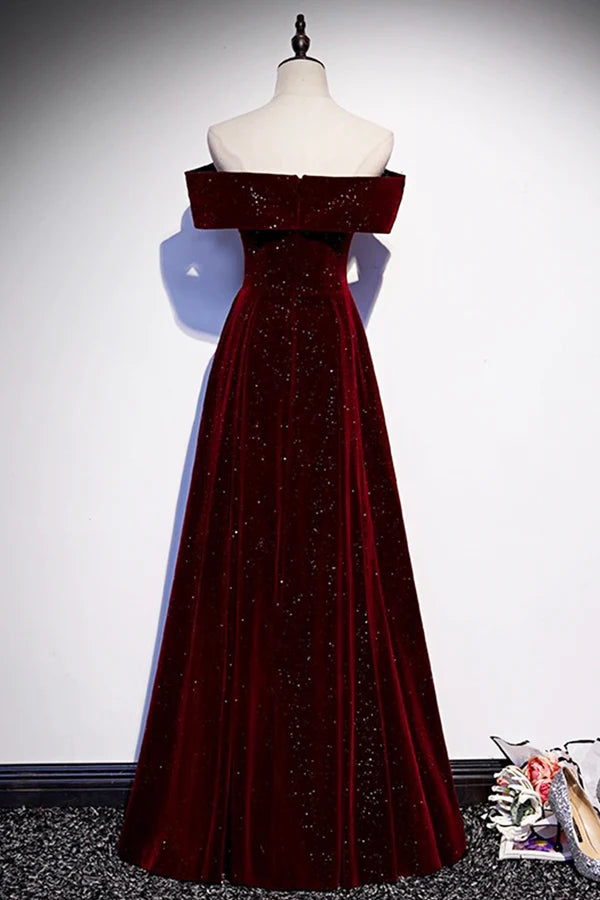 Burgundy Velvet Long Prom Dress Off the Shoulder Evening Party Dress