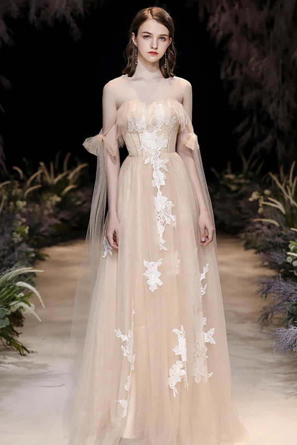 Champagne Tulle Lace Long Prom Dress Cute A-Line Evening Dress