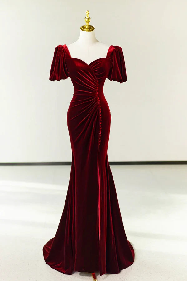Burgundy Pleated Velvet Long Prom Dress with Slit Mermaid Backless Evening Party Dress