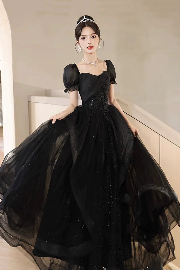 Black Tulle Lace Short Sleeve Floor Length Prom Dress Black A-Line Evening Party Dress