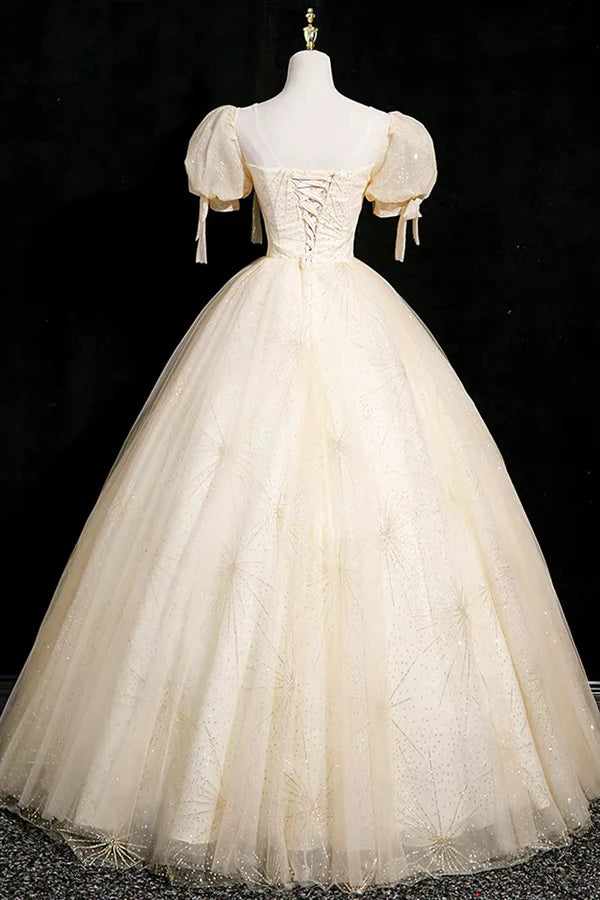 Champagne Tulle Short Sleeve Floor Length Prom Dress Beautiful A-Line Evening Party Dress