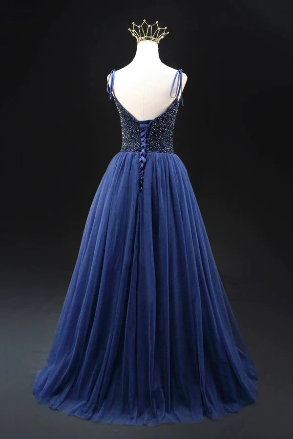 Navy Blue Tulle Beads Long A-Line Prom Dress Elegant Spaghetti Strap Backless Evening Dress