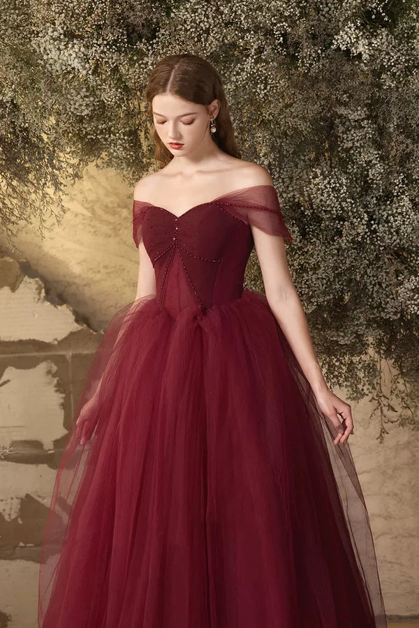 Burgundy Tulle Floor Length Prom Dress Beautiful Off the Shoulder Evening Party Dress