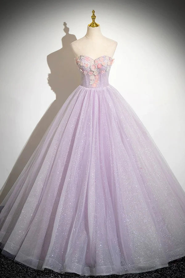 Lilac Strapless Tulle Long Prom Dresses with Flowers Lilac Off the Shoulder Formal Evening Dresses
