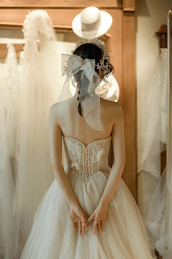 Light Champagne Tulle Lace Long Prom Dress A-Line Strapless Evening Party Dress