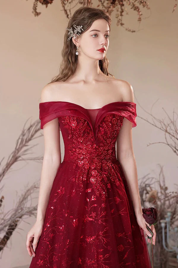 Burgundy Tulle Sequins Long A-Line Prom Dress Off the Shoulder Evening Party Dress