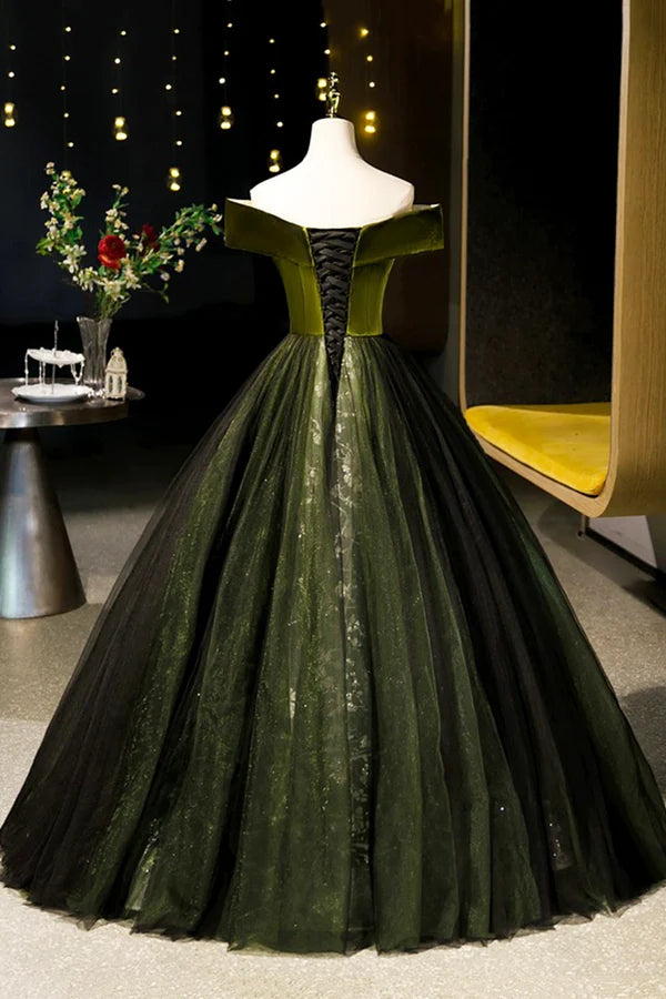 Green Velvet and Tulle Floor Length Prom Dress Off the Shoulder Evening Party Dress