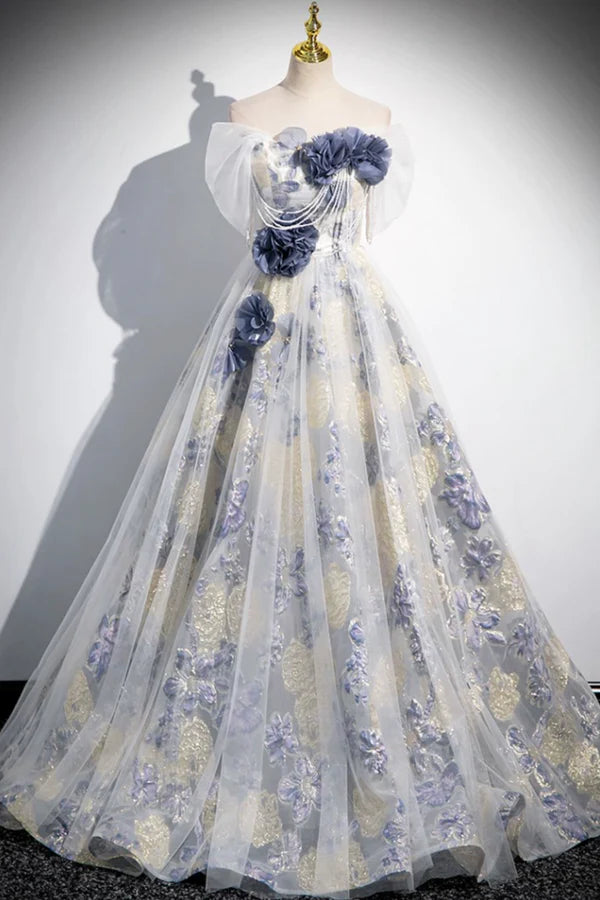 Elegant Tulle Floor Length Prom Dress Off the Shoulder Evening Party Dress