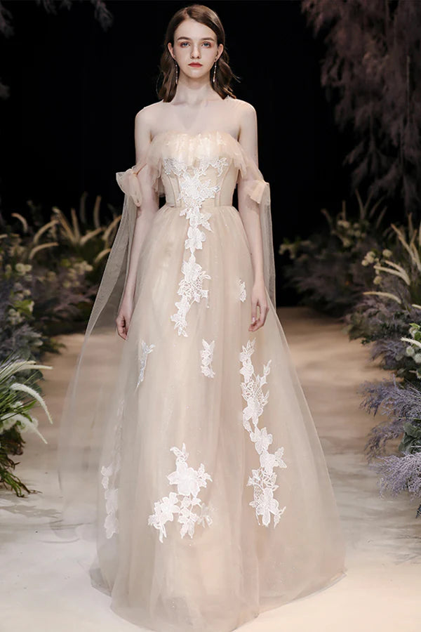 Champagne Tulle Lace Long Prom Dress Cute A-Line Evening Dress