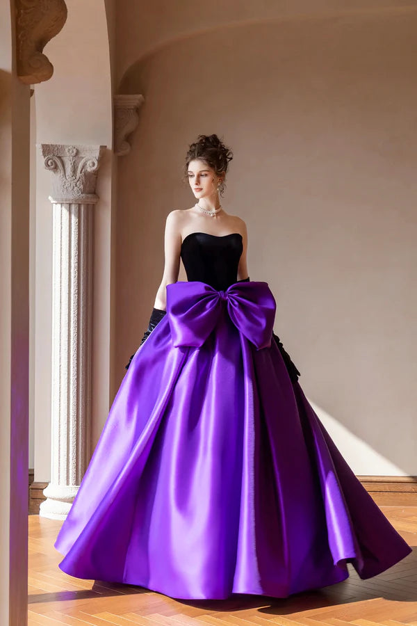 Black Velvet and Satin Long Formal Dress Beautiful Strapless Evening Party Dress with Bow