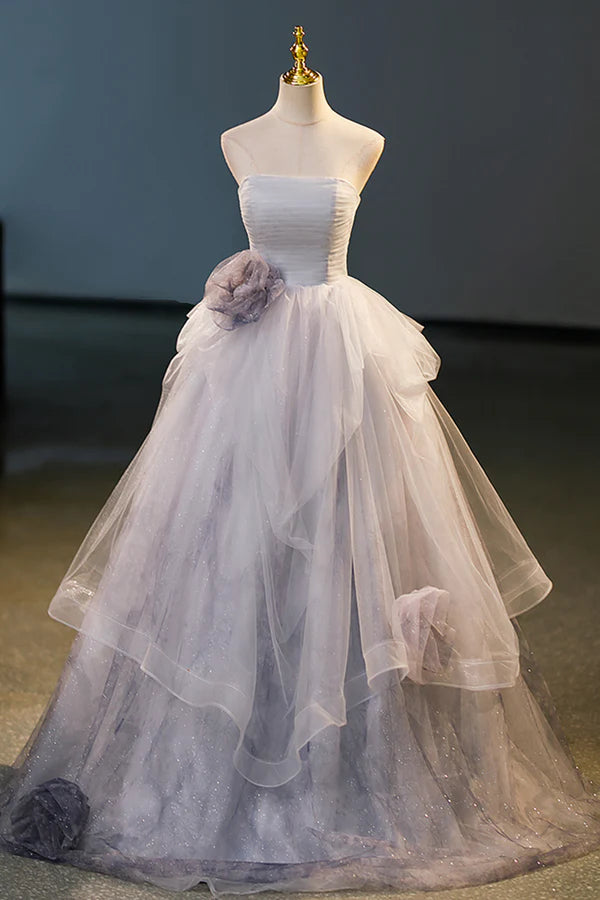 Gorgeous Gray Tulle Long Formal Dress Gray Strapless Evening Dress
