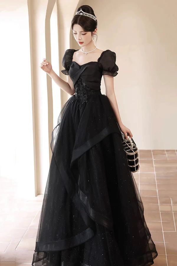 Black Tulle Lace Short Sleeve Floor Length Prom Dress Black A-Line Evening Party Dress