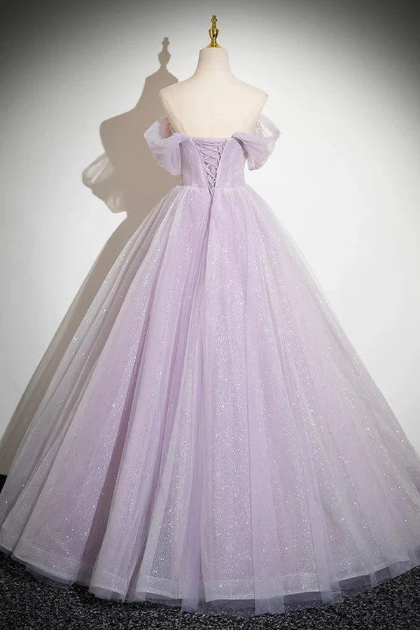 Lilac Strapless Tulle Long Prom Dresses with Flowers Lilac Off the Shoulder Formal Evening Dresses