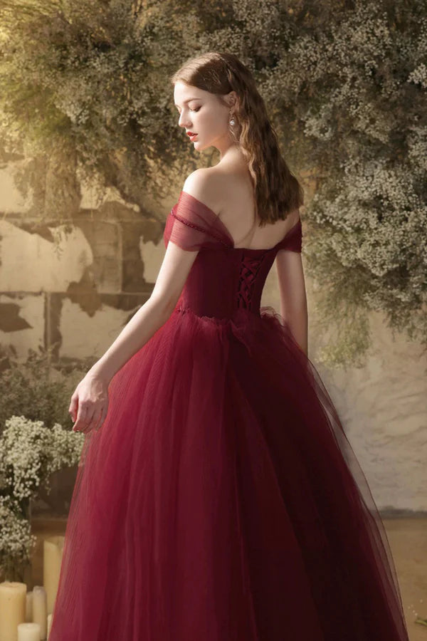 Burgundy Tulle Floor Length Prom Dress Beautiful Off the Shoulder Evening Party Dress
