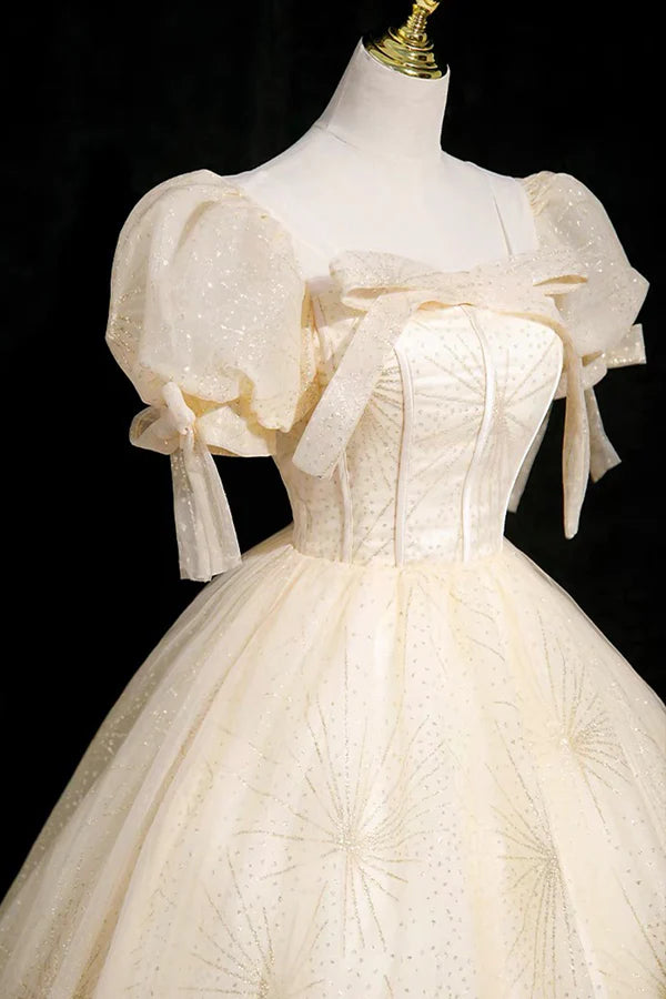 Champagne Tulle Short Sleeve Floor Length Prom Dress Beautiful A-Line Evening Party Dress