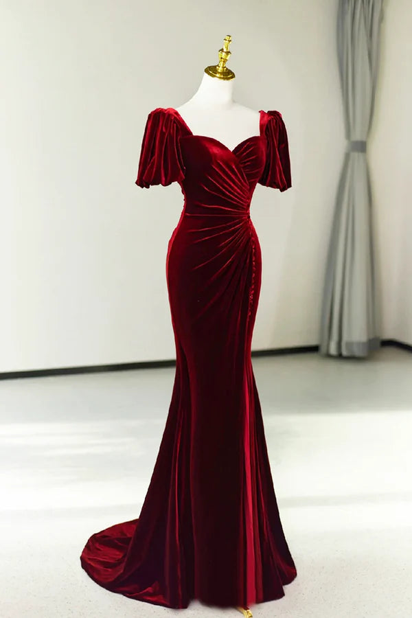 Burgundy Pleated Velvet Long Prom Dress with Slit Mermaid Backless Evening Party Dress