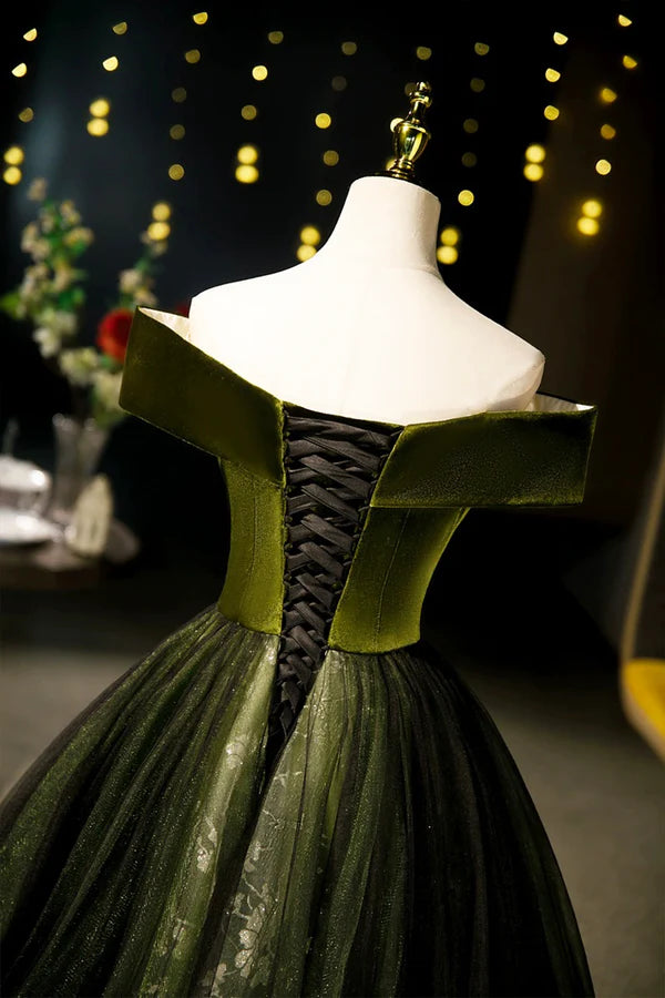 Green Velvet and Tulle Floor Length Prom Dress Off the Shoulder Evening Party Dress
