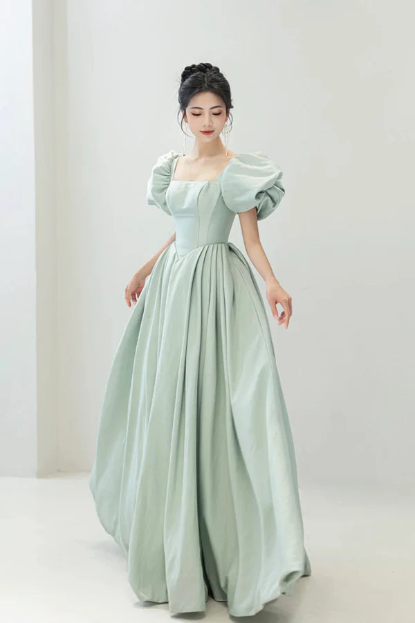 Light Green Satin Long A-Line Prom Dress Cute Short Sleeve Evening Dress