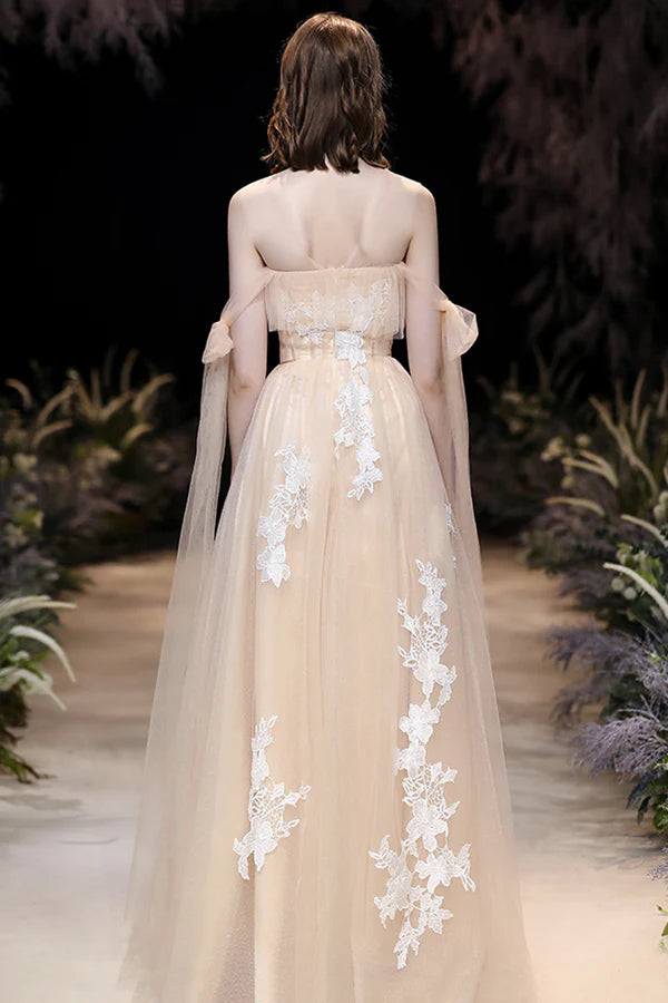 Champagne Tulle Lace Long Prom Dress Cute A-Line Evening Dress