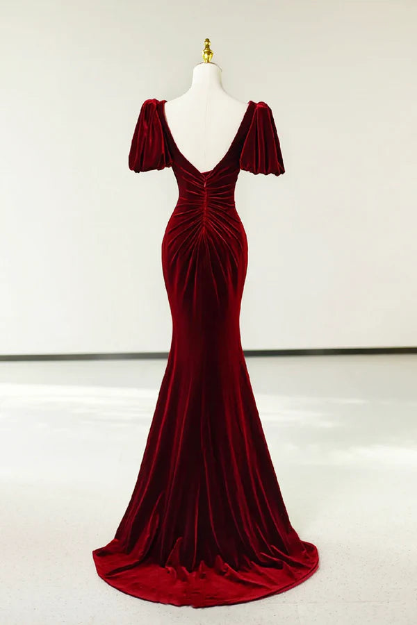 Burgundy Pleated Velvet Long Prom Dress with Slit Mermaid Backless Evening Party Dress