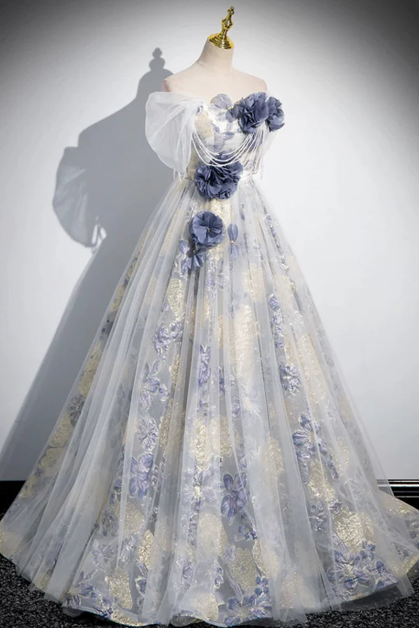 Elegant Tulle Floor Length Prom Dress Off the Shoulder Evening Party Dress