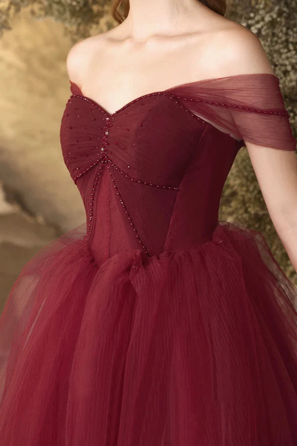Burgundy Tulle Floor Length Prom Dress Beautiful Off the Shoulder Evening Party Dress